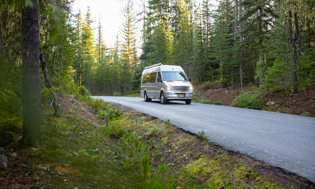 RV driving in the trees