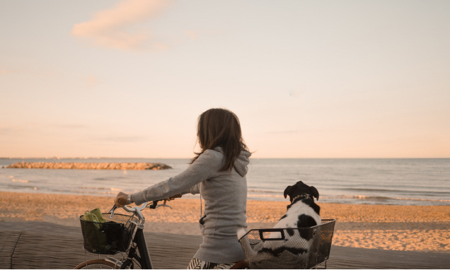 Woman with dog biking next to ocean