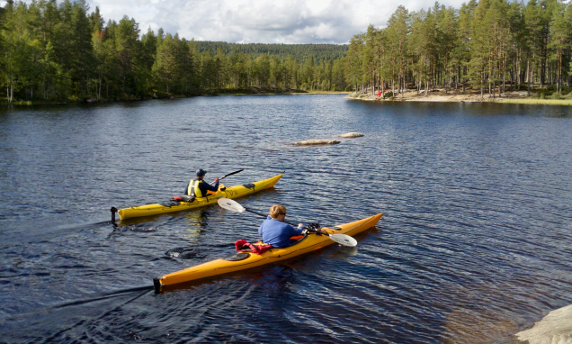 Two kayakers paddling on a lake