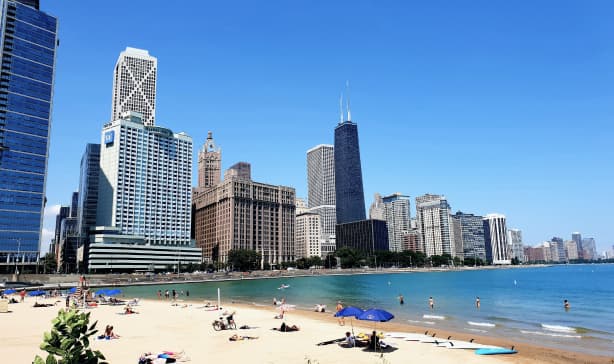 A beach in front of the Chicago skyline