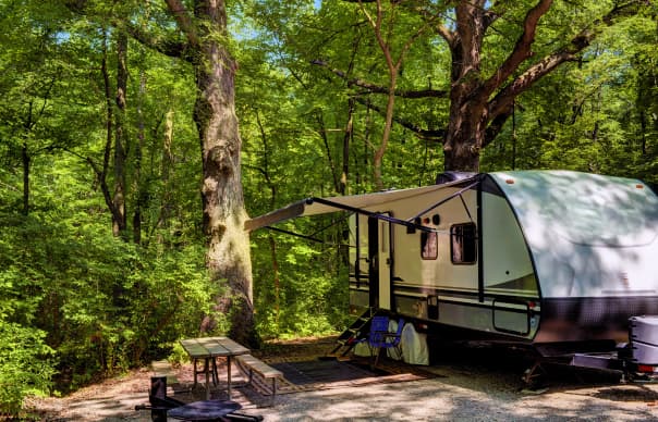 View of an RV trailer in a tree-covered campground