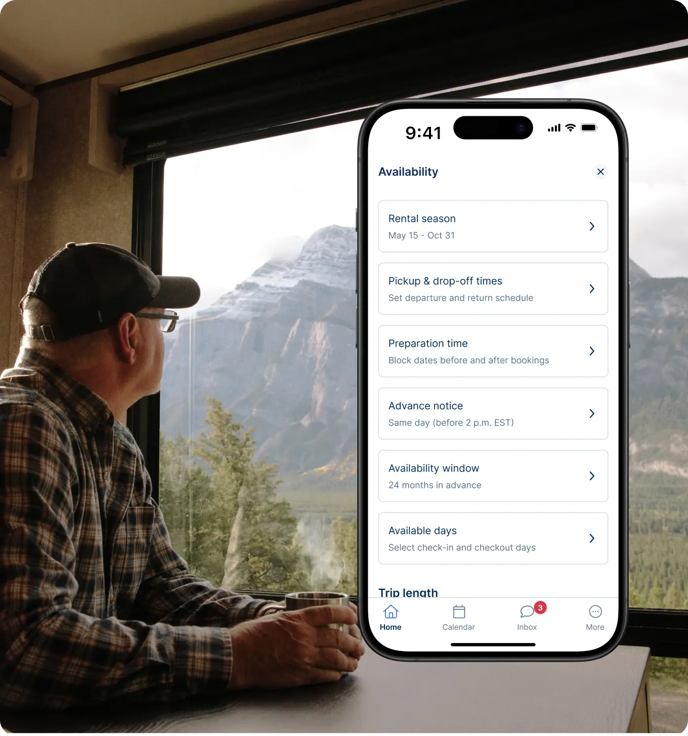 Smartphone displaying a calendar availability feature for RV rental management, emphasizing flexible scheduling for RV hosts