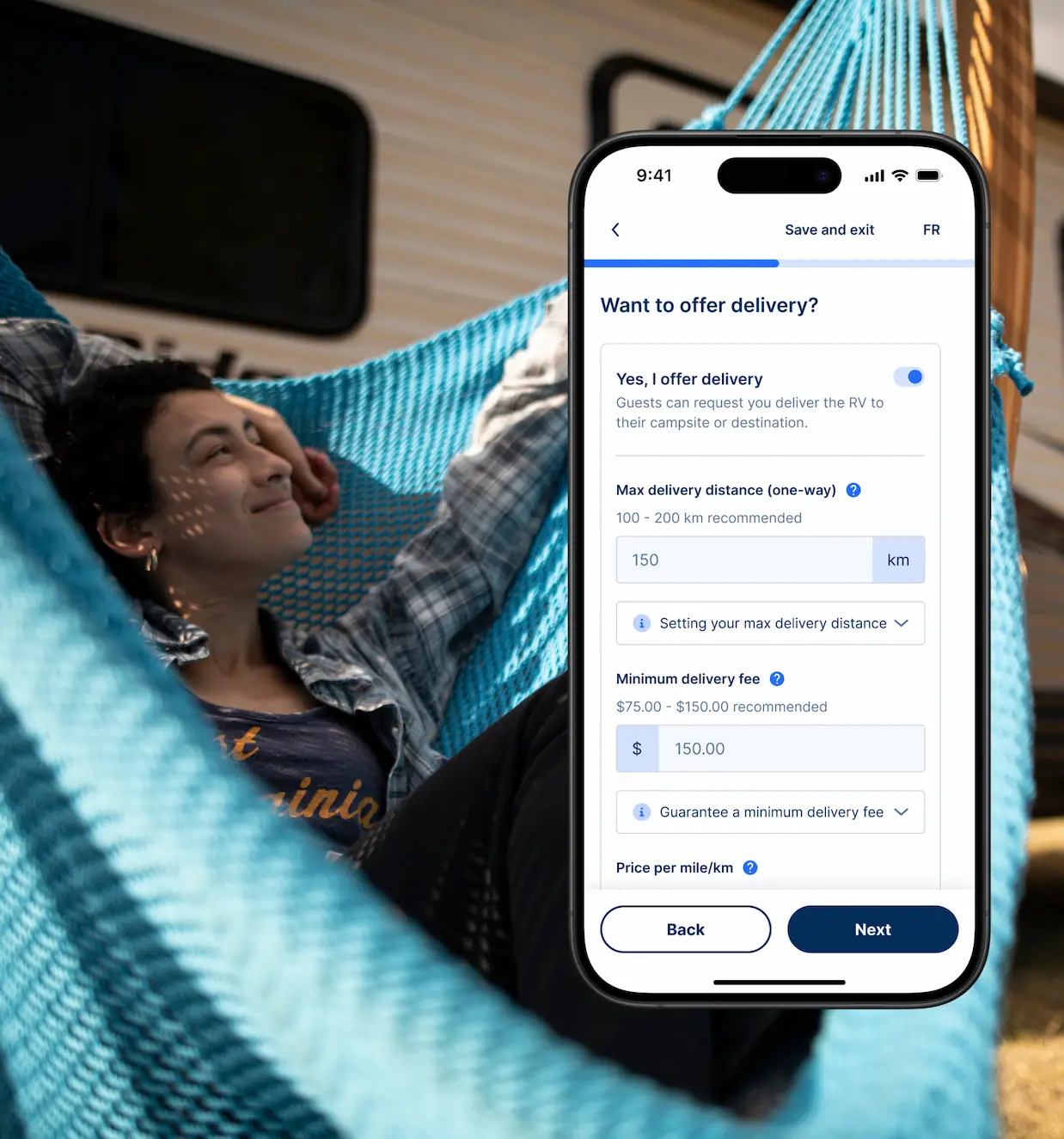 A person relaxing in a hammock with a smartphone showing pricing and delivery options for RV rentals, highlighting customizable rental rates and delivery services.